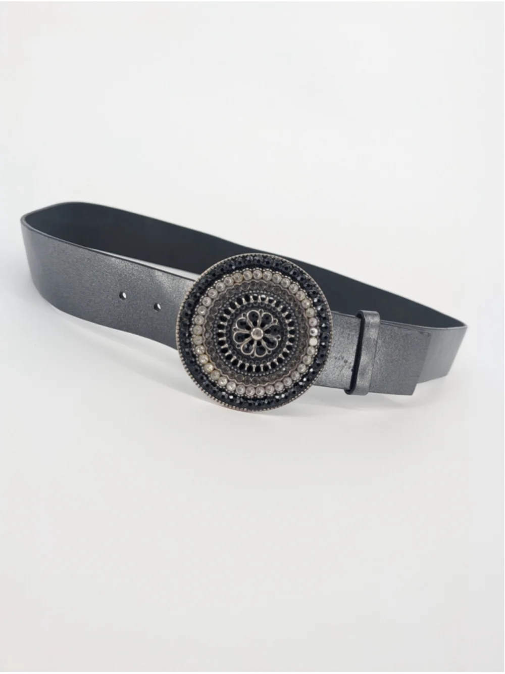 White House Black Market Belt M/L Black Rhinestone Medallion Buckle Wide Belt